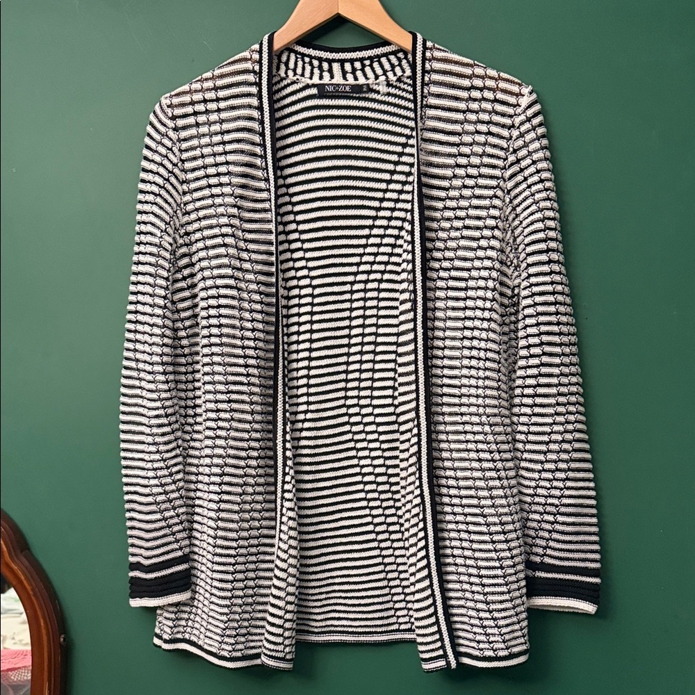 NIC+ZOE Black & White Open Front Striped Cardigan Womens MP Layering Spring